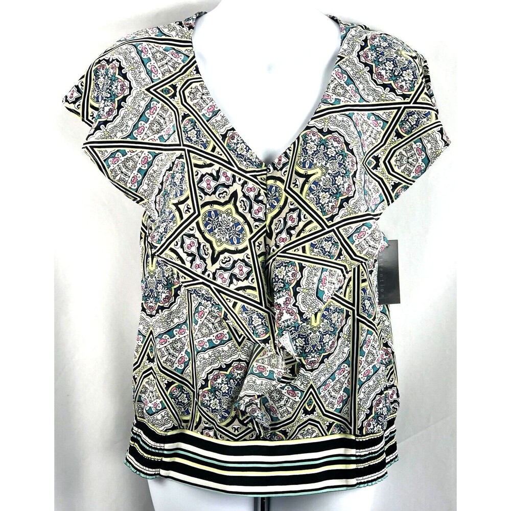 NWT Attention Silky Top XS Multi Geo Flutter Sleeve Smocked Y2K 2000 psychedelic